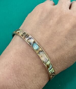 Vintage Abalone Shell Mosaic Inlay Silver Tone Cuff Bracelet 15g Adjustable